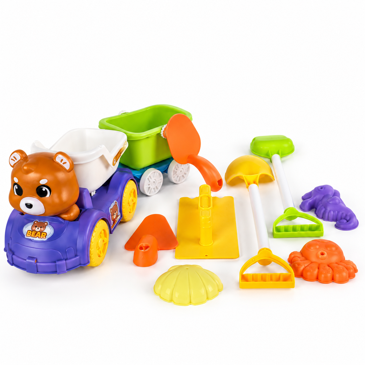 10-Piece Colorful Beach Toy Set: bear dump truck with trailer, shovels, rakes and sand moulds