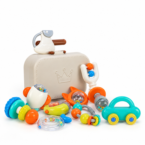 10-Piece Rattle Set in Luggage Case: crown-shaped suitcase with rocket, car, banana, ring and dumbbell rattles