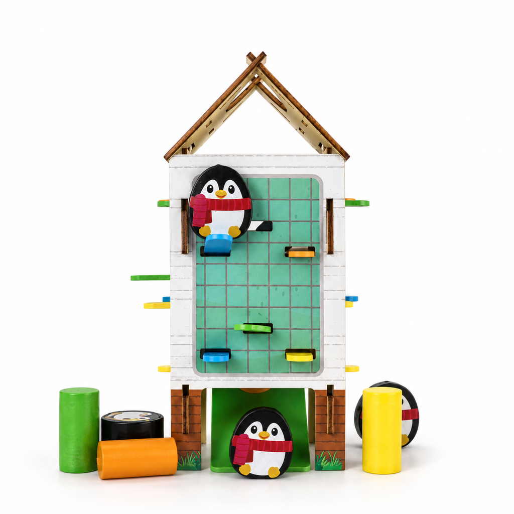 3-in-1 Penguin Stick Pull Game: wooden house tower with penguin tokens, pull sticks and cylinder blocks