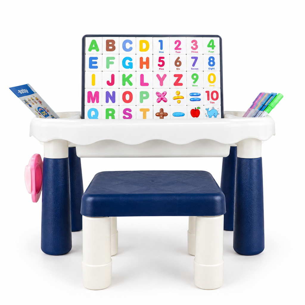 ABC & Number Puzzle Table: navy and white activity table with ABC and number tile board, stool and pens