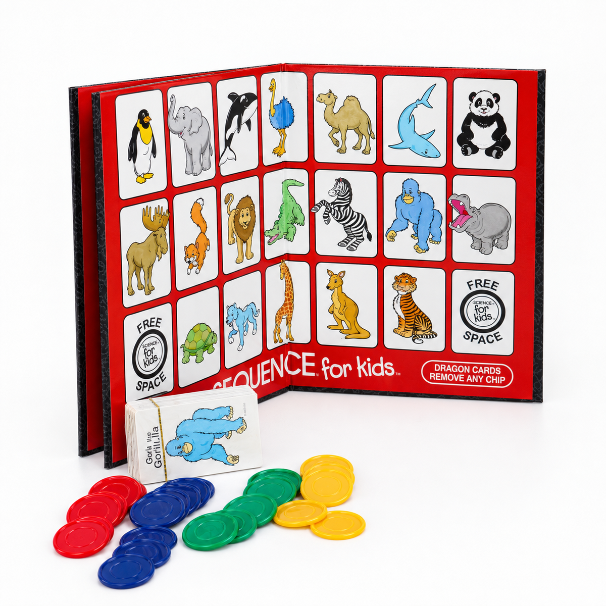 Animal Sequence Game - English and Spanish: animal game board, card deck and coloured chips