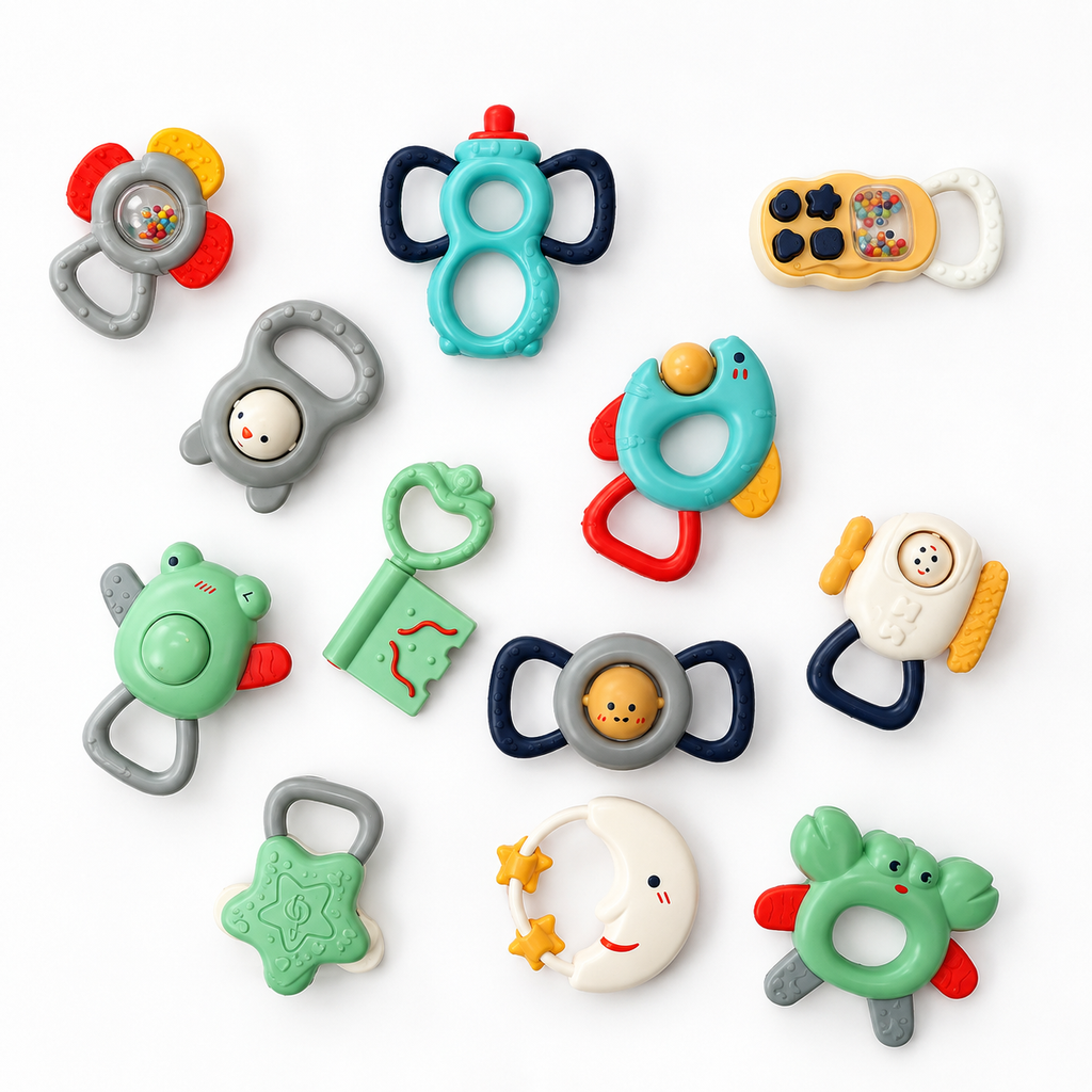 Baby Teether Rattle Set: twelve rattles shaped like a moon, crab, key, phone, bottle and frog
