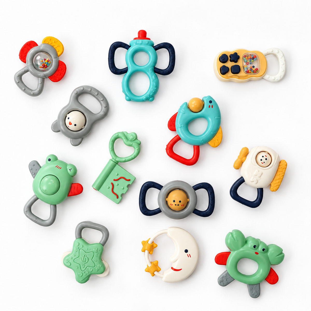 Baby Teether Rattle Set: twelve rattles shaped like a moon, crab, key, phone, bottle and frog