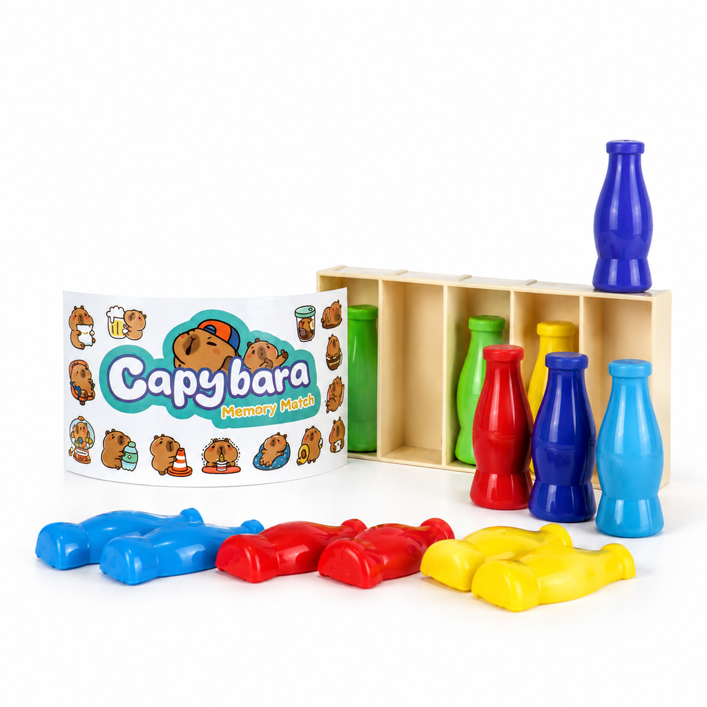 Bottle Memory Match Game: coloured plastic bottles, a tray and memory match cards