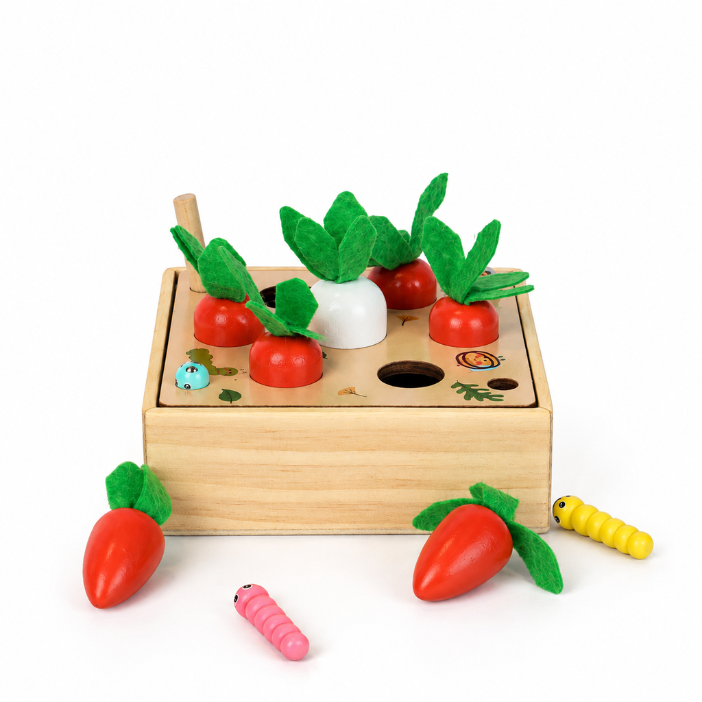 Carrot Harvest Pulling Toy: wooden garden box with felt-topped carrots, a radish and two caterpillars