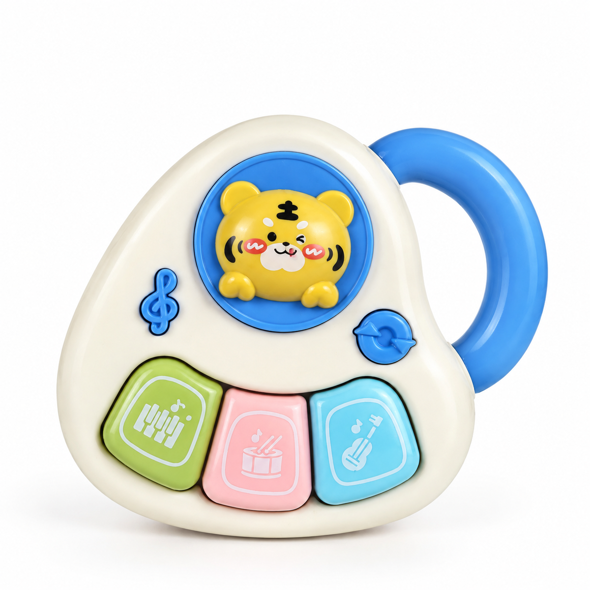 Cartoon Piano with Lights and Music: yellow tiger face with blue handle, three instrument keys