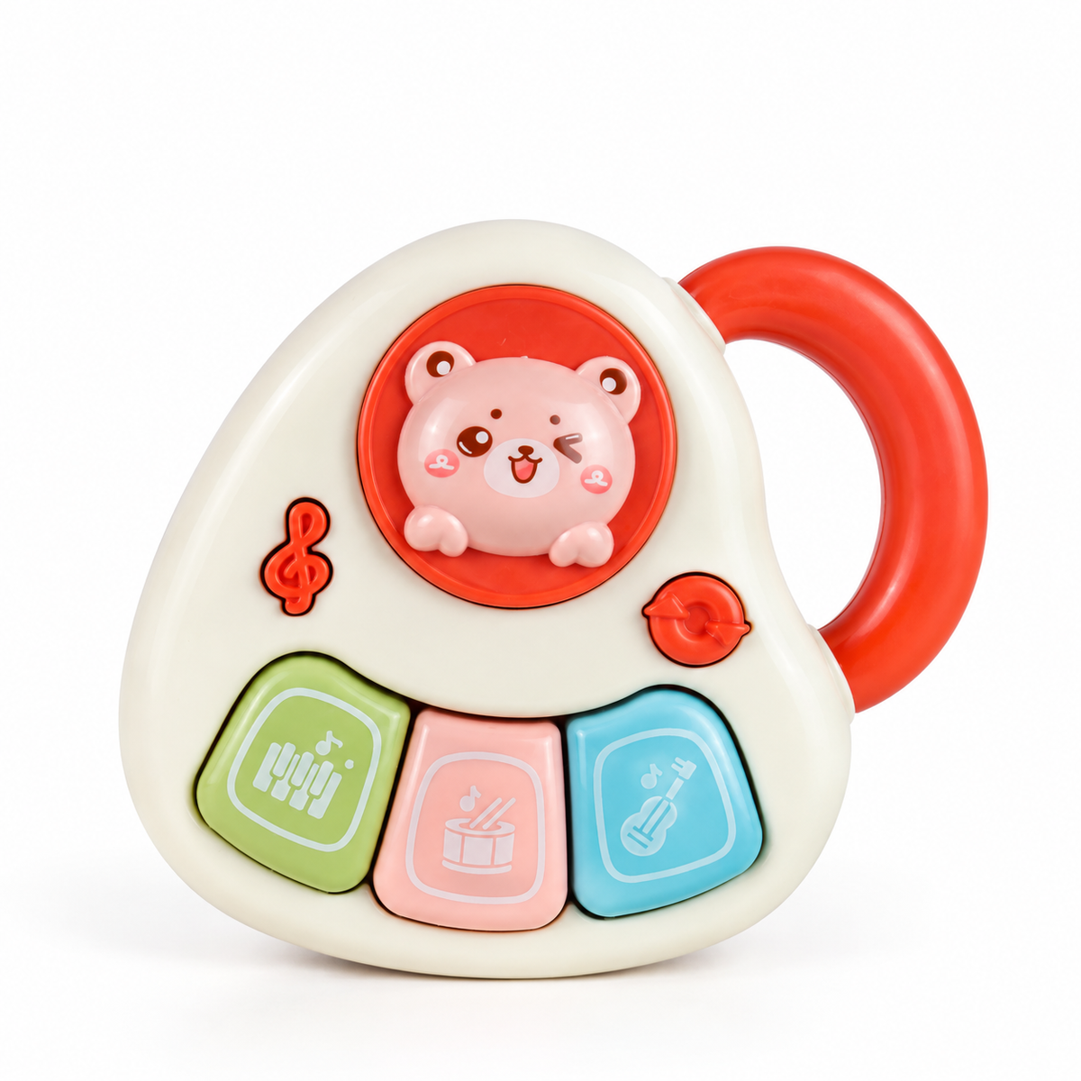 Cartoon Piano with Lights and Music: pink bear face with red handle, three instrument keys