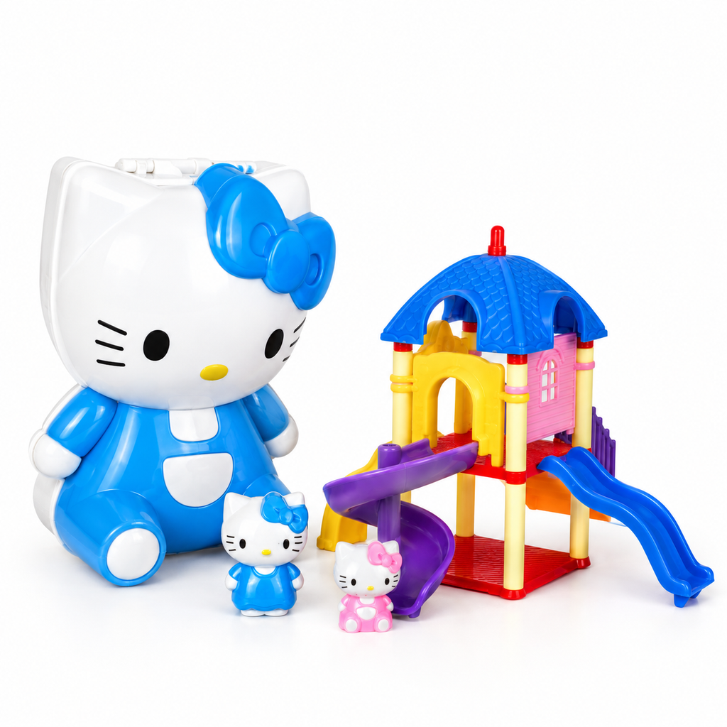 Cat Theme Park Trolley Case: blue cat-shaped play case with two figures and a slide tower