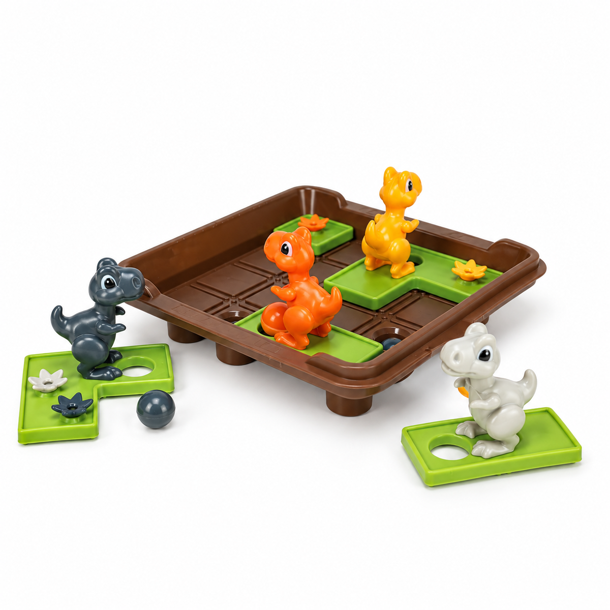 Dinosaur Puzzle Board Game: tray puzzle with green tiles and four baby dinosaur figures
