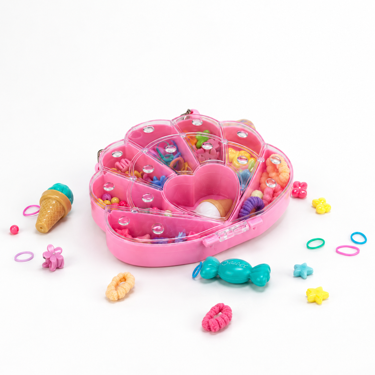 DIY Bead Set: open pink shell case with beads and clips around it