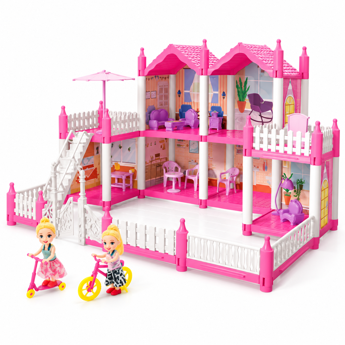 DIY Dollhouse: pink two-storey toy villa with staircase, furniture and two dolls