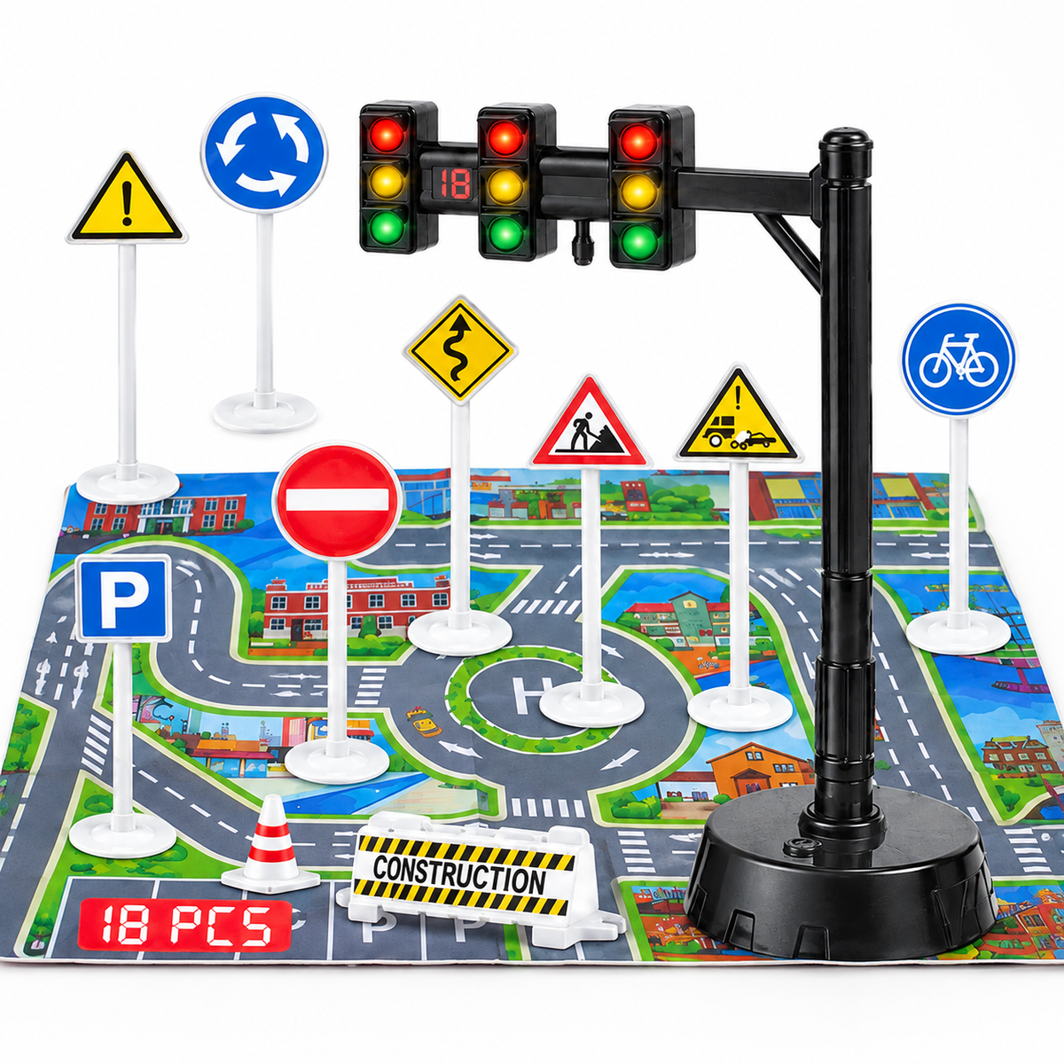 DIY Traffic Light and Road Sign Sound/Light Set: traffic light with countdown, road signs and a city road mat