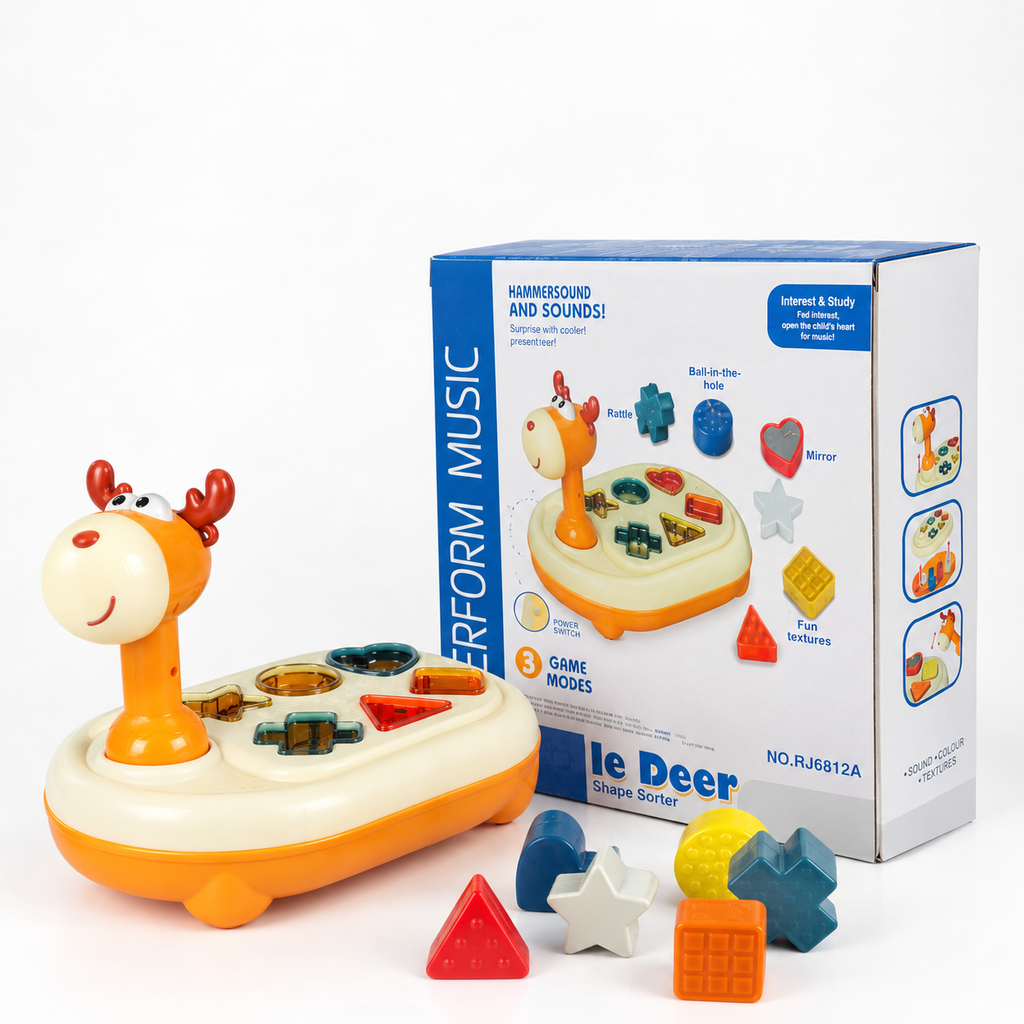 Docile Deer Shape Sorter shown with its retail box