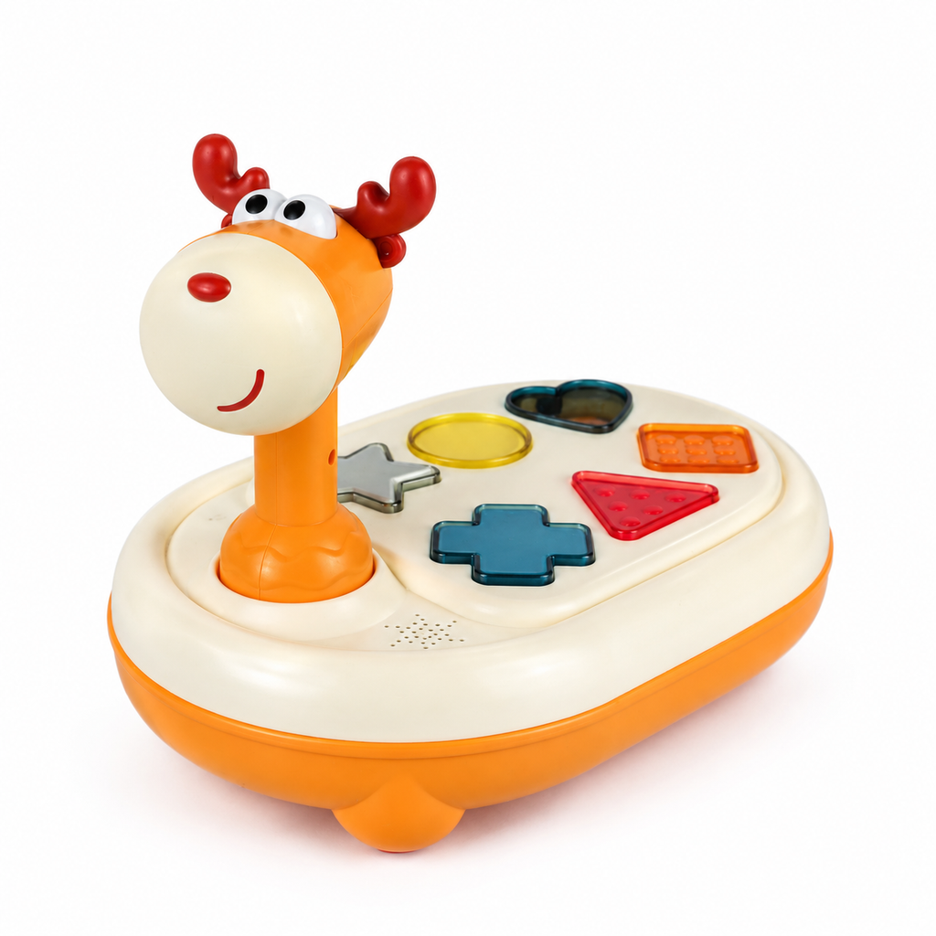Docile Deer Shape Sorter: orange and cream deer-head sorter with translucent shape pieces