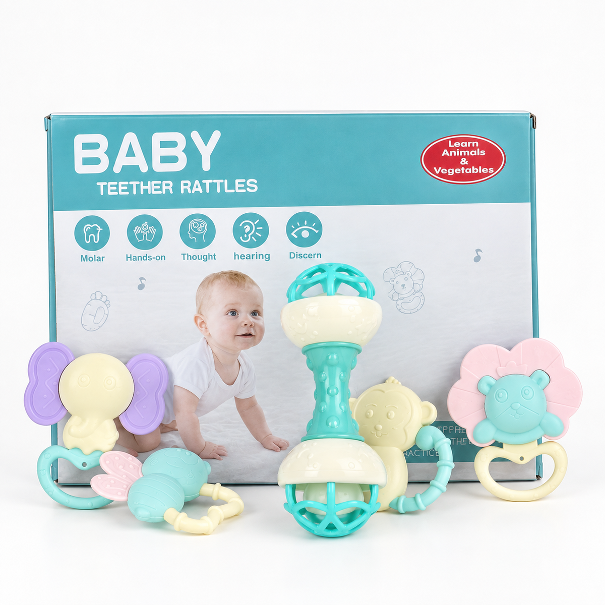 Dumbbell Teether - Macaron Color shown with its retail box