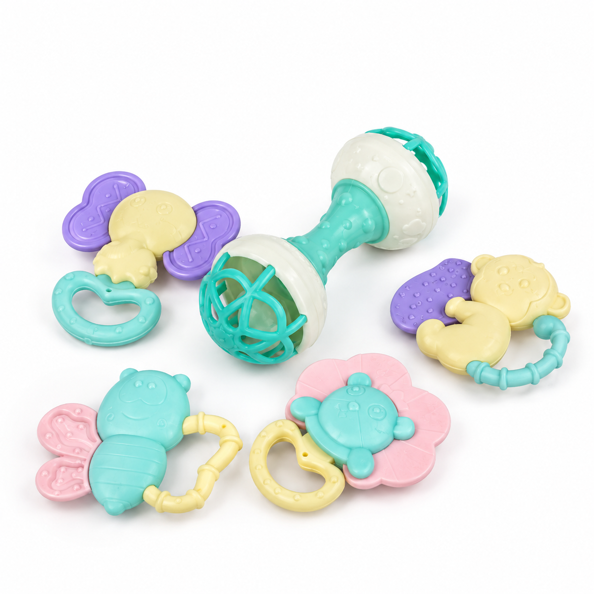 Dumbbell Teether - Macaron Color: mint dumbbell rattle with four pastel animal teethers