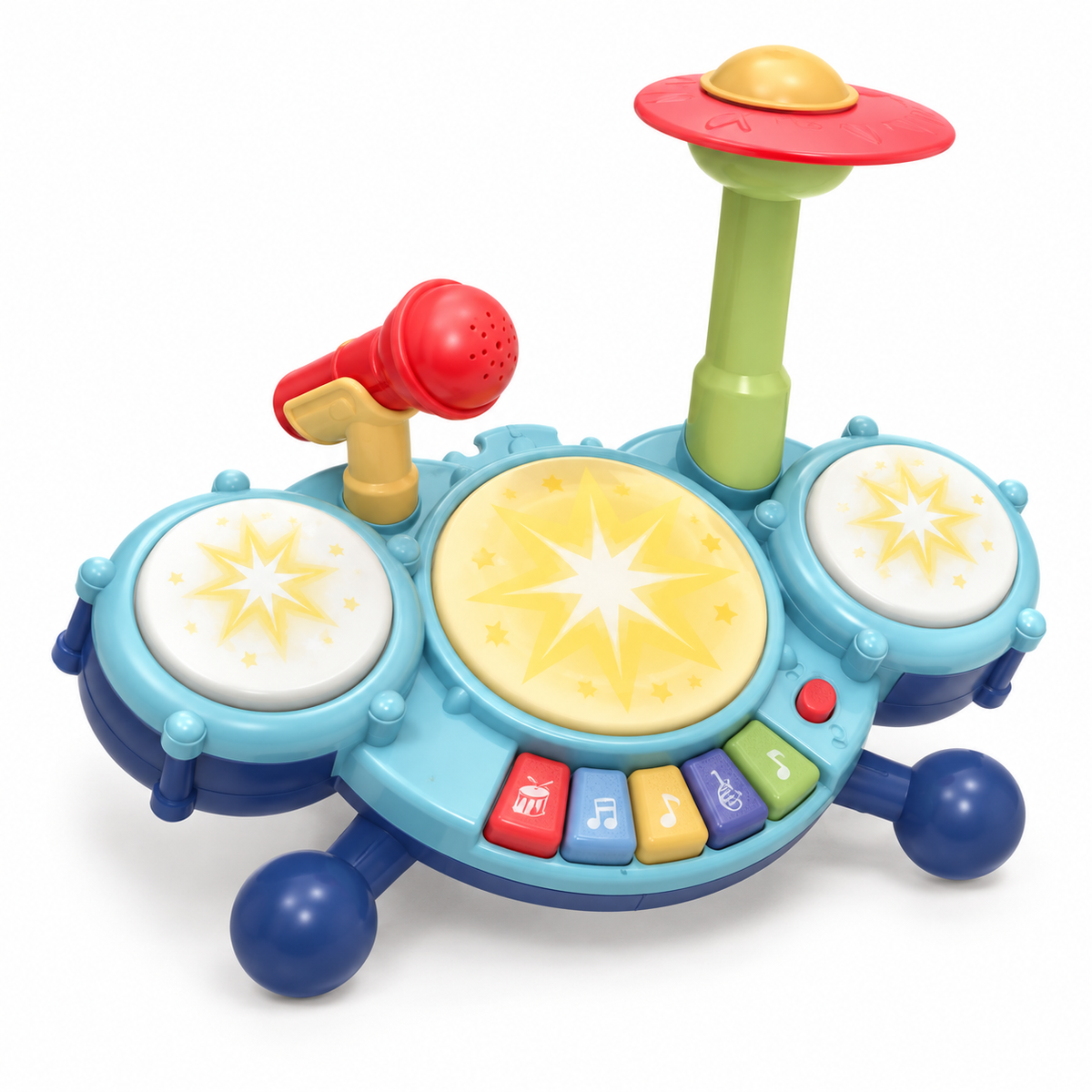 Electronic Jazz Drum: light-blue toddler drum set with light-up pads, cymbal, microphone and keys