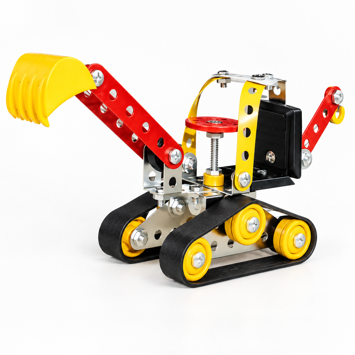 Engineering Excavator Vehicle: metal DIY excavator with red arm, yellow bucket and black tracks
