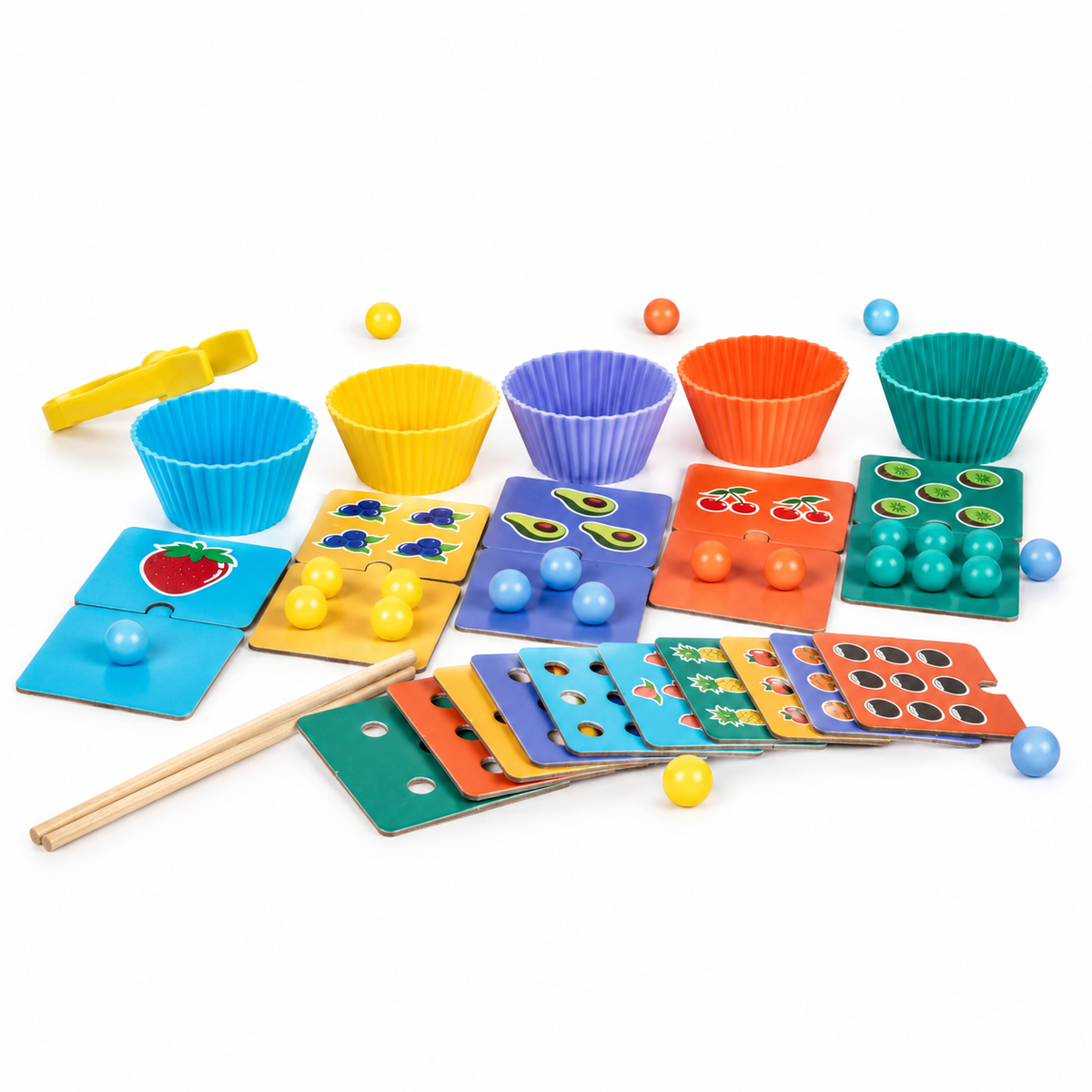 Fruit Bead Sorting Game: silicone cups, fruit pattern cards, beads, tongs and chopsticks
