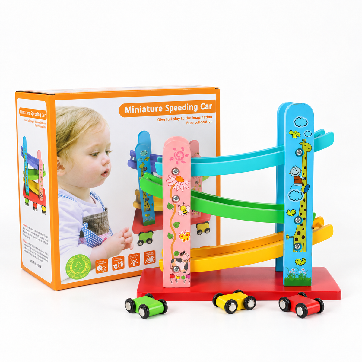 Miniature Speeding Car Ramp Track shown with its retail box