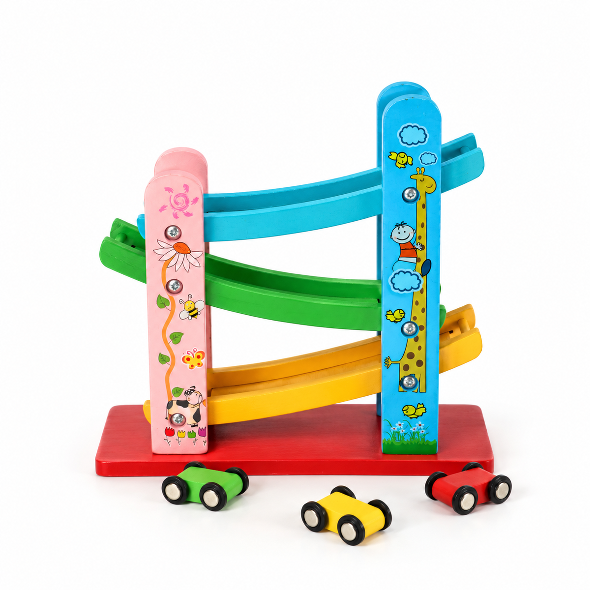 Miniature Speeding Car Ramp Track: wooden three-level zigzag ramp with three small wooden cars