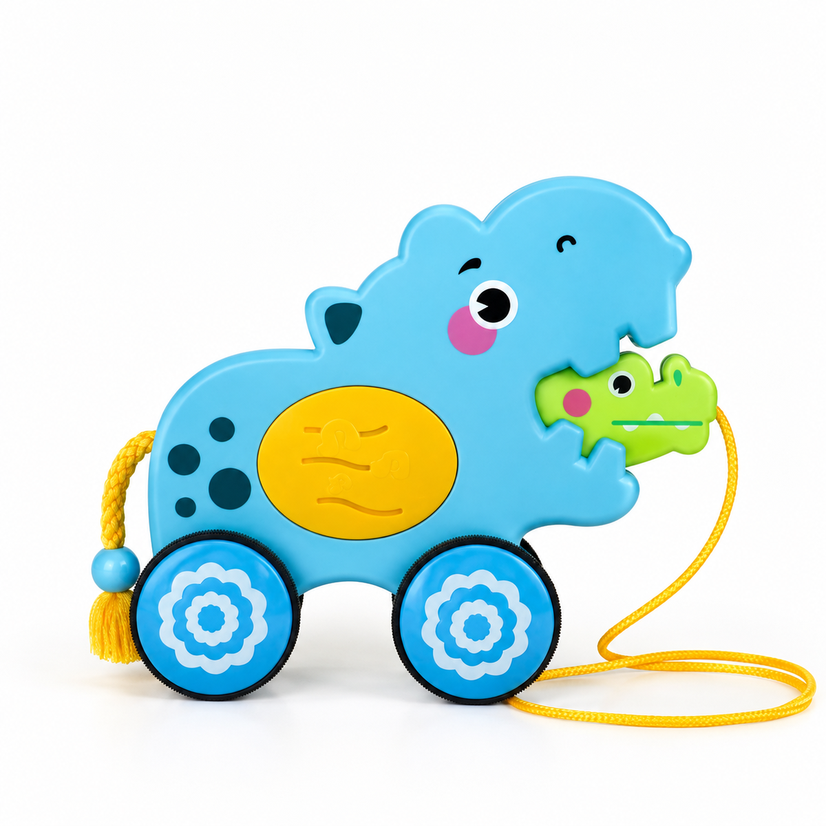Musical Hippo Pull-Along: blue hippo on wheels holding a green crocodile, with pull string