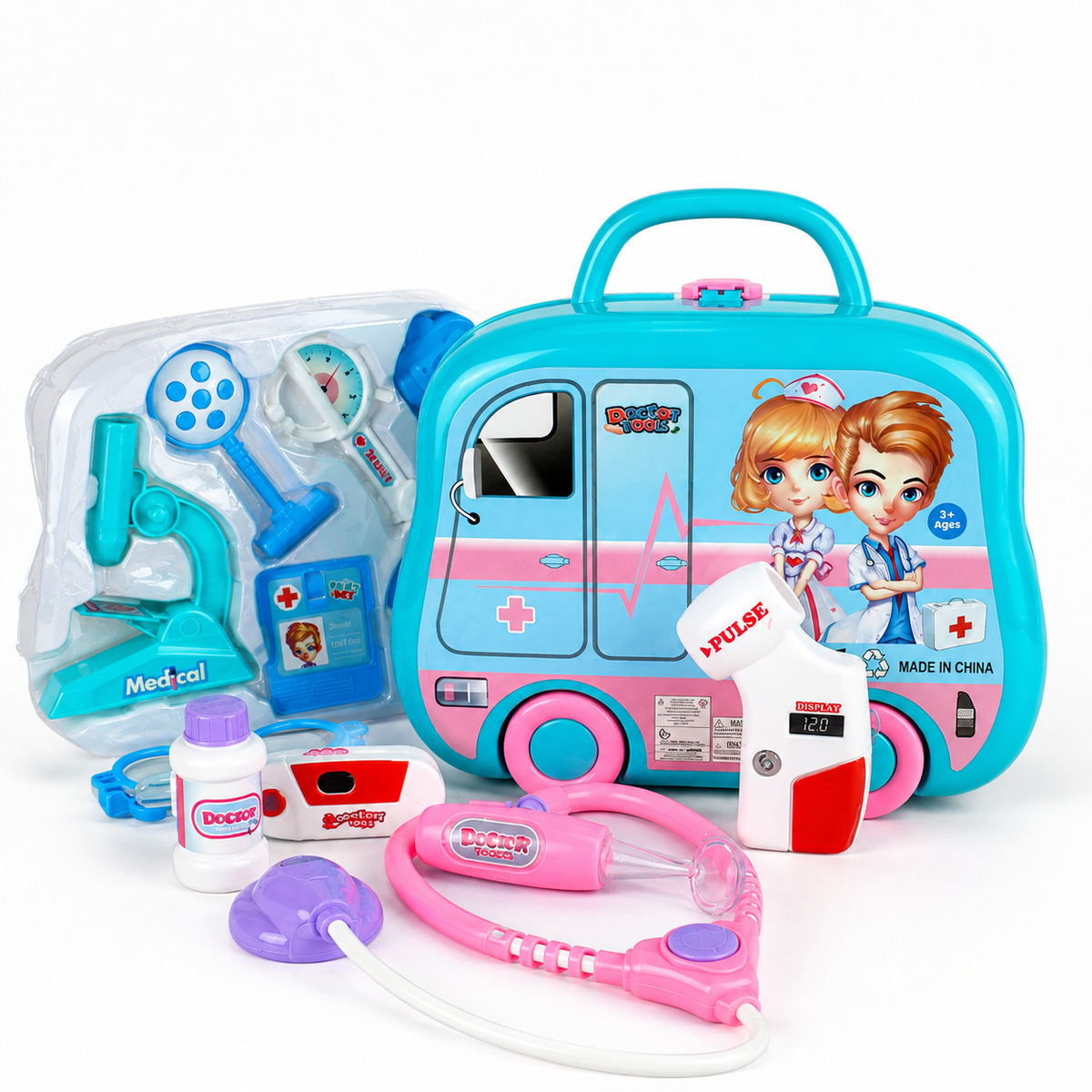 Parent-Child Doctor Play Set: blue ambulance-shaped case with stethoscope and doctor tools