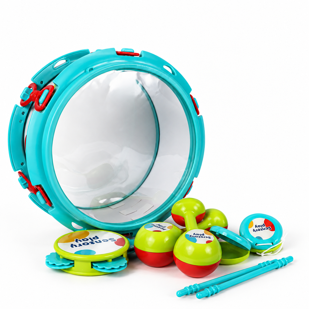 Percussion Drum Instrument Set: teal drum with sticks, tambourine, maracas and castanets