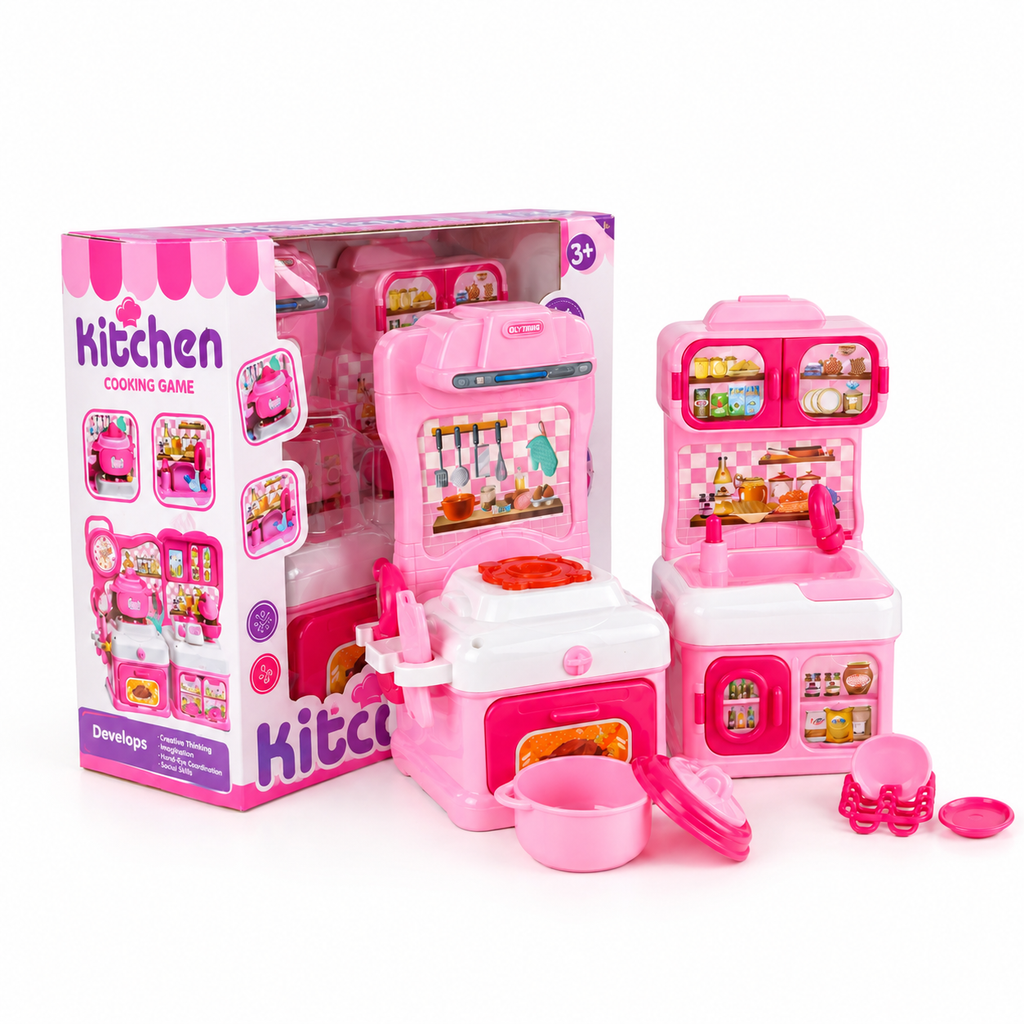 Pink Cartoon Kitchen & Kitchenware Set shown with its retail box