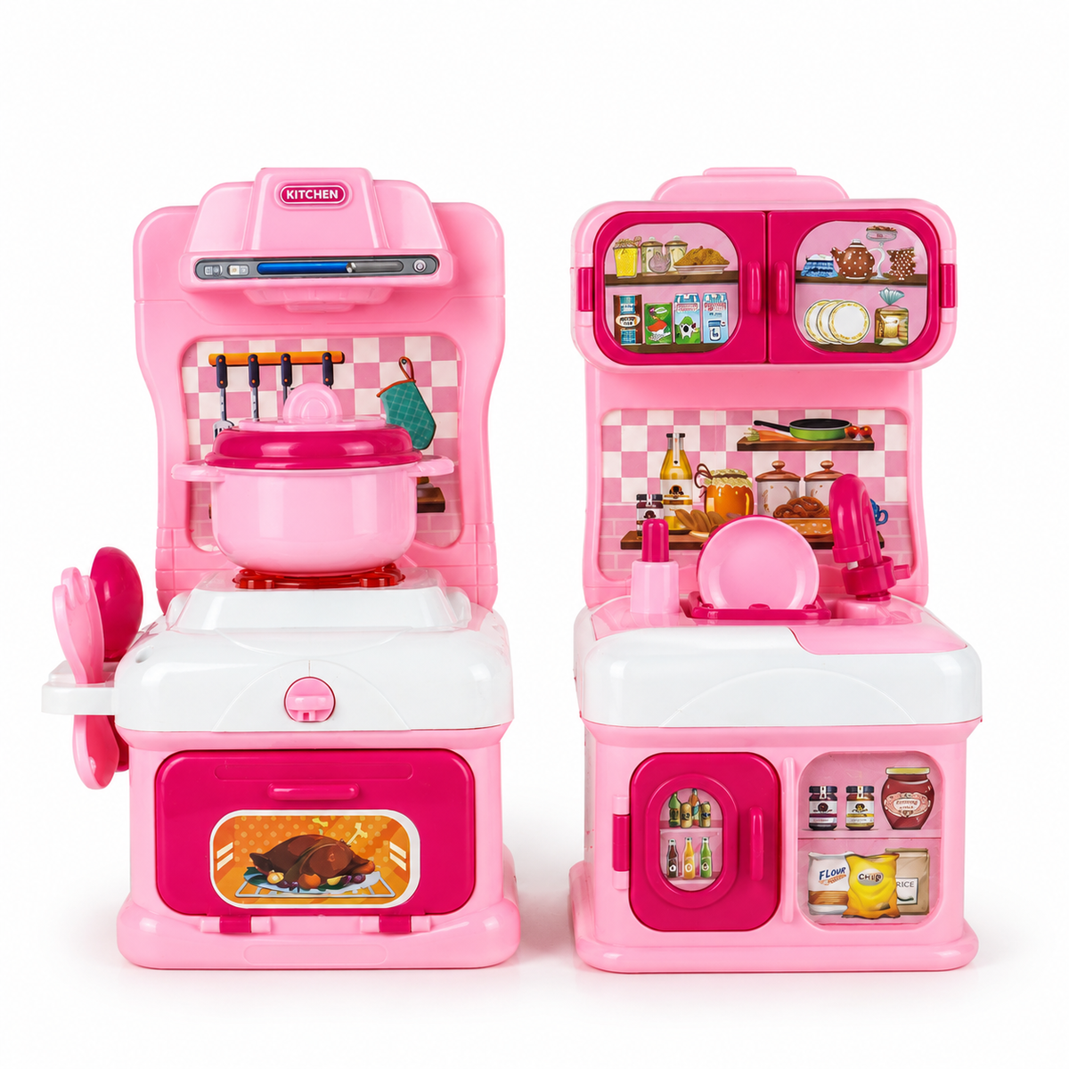 Pink Cartoon Kitchen & Kitchenware Set: pink toy stove with oven and pot, and a matching sink unit