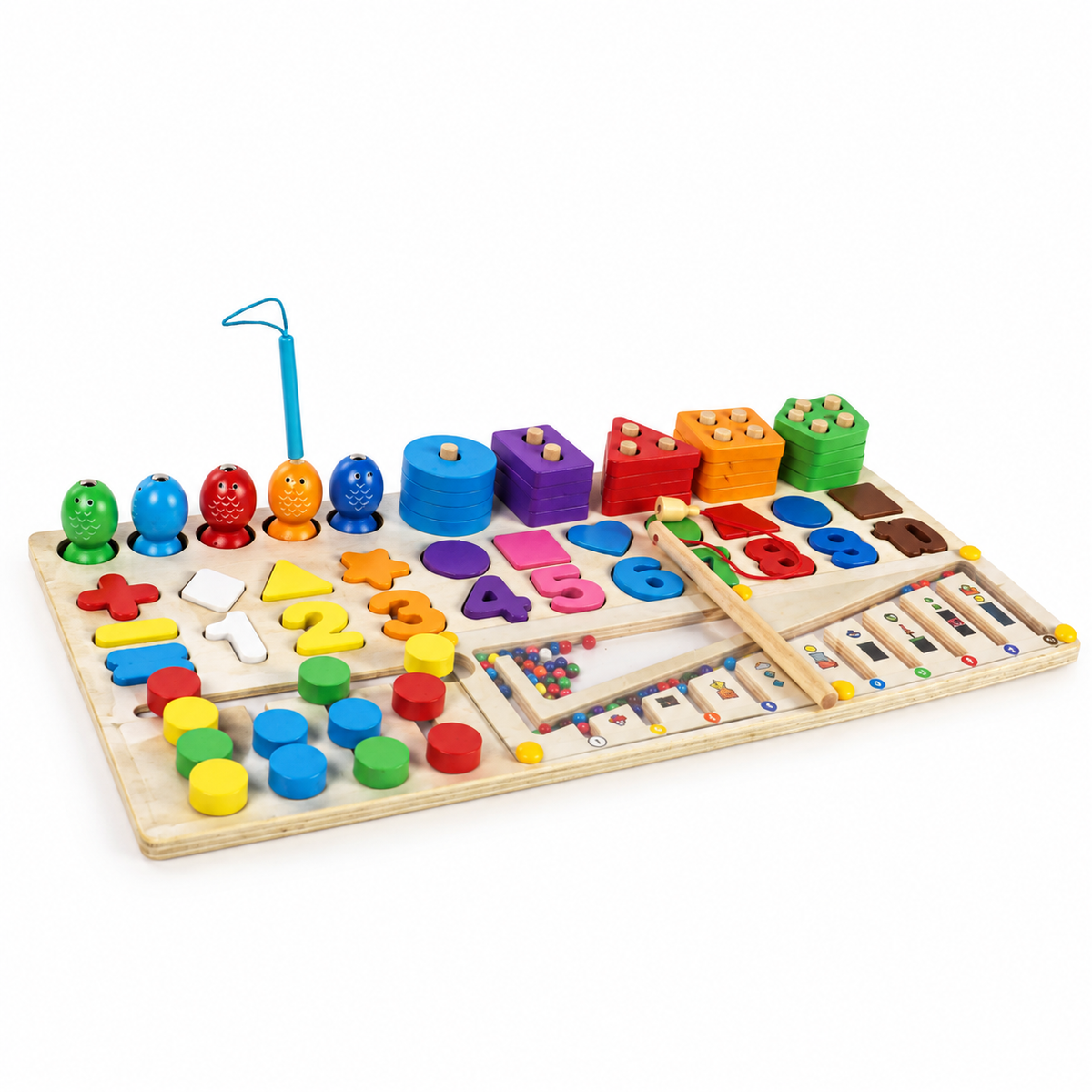 Preschool Multi-Activity Learning Board: wooden board with magnetic fishing, shape pegs, numbers and a bead maze