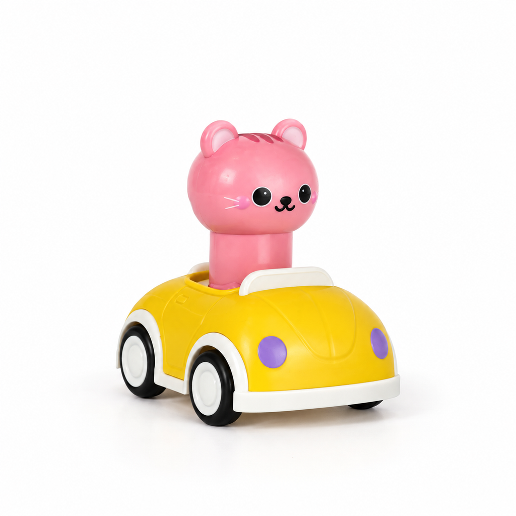 Press Car - Kitten: yellow toy car with a pink kitten-head press button