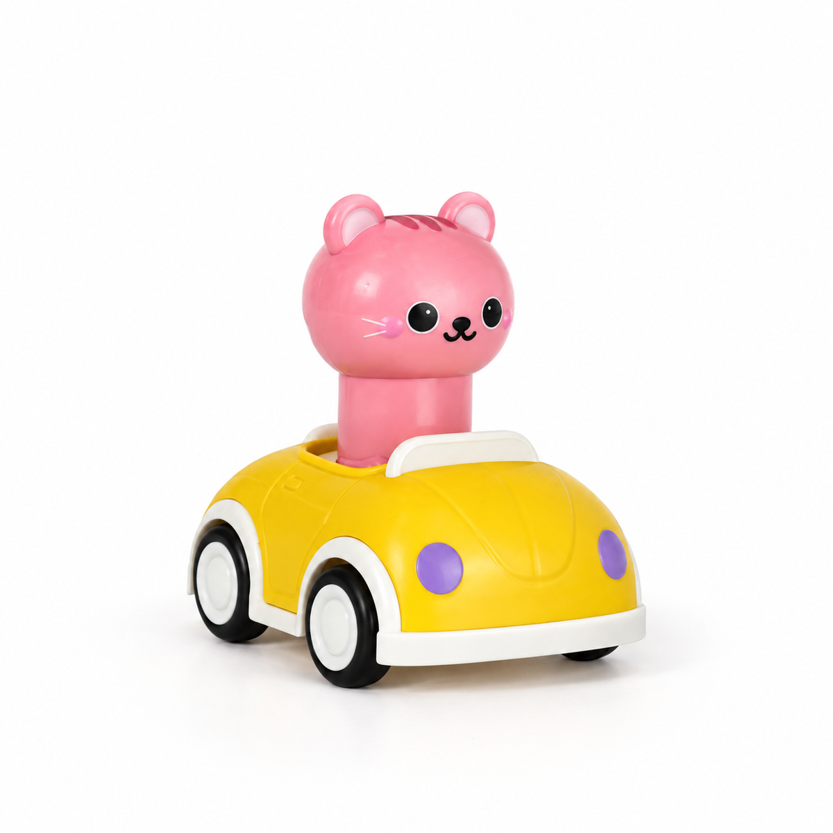 Press Car - Kitten: yellow toy car with a pink kitten-head press button
