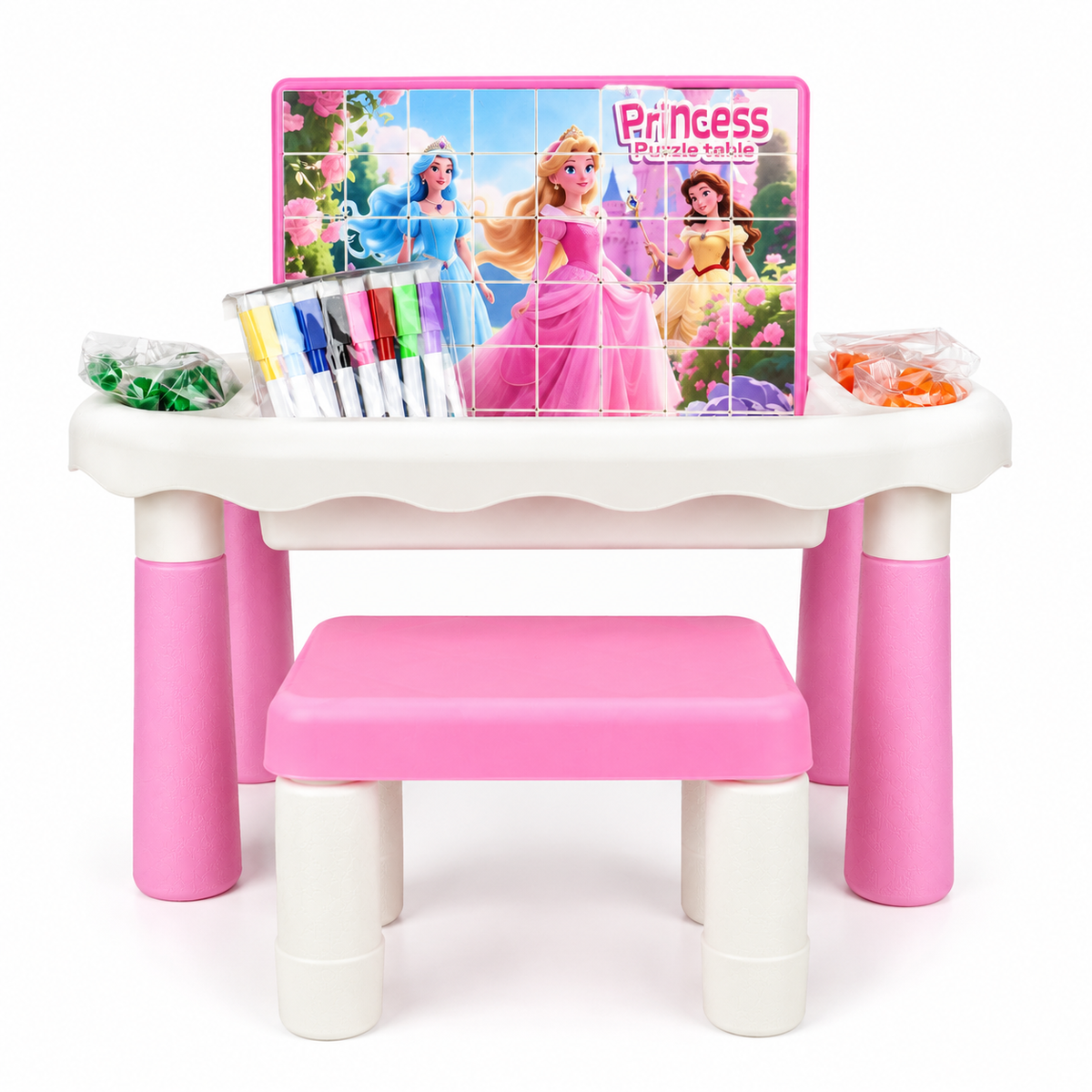Princess Puzzle Table: pink and white activity table with puzzle board, stool and markers