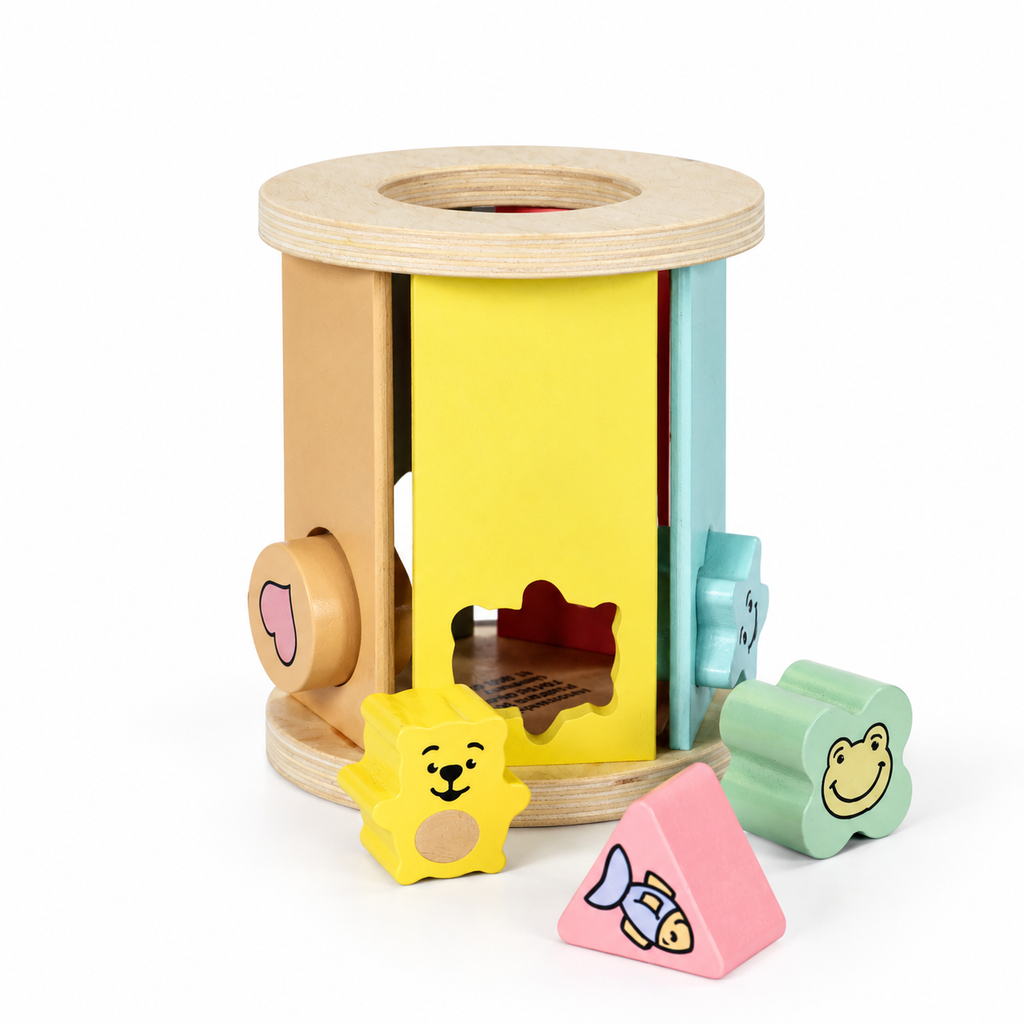 Round Shape Sorter: pastel wooden rotating sorter with bear, frog and fish blocks