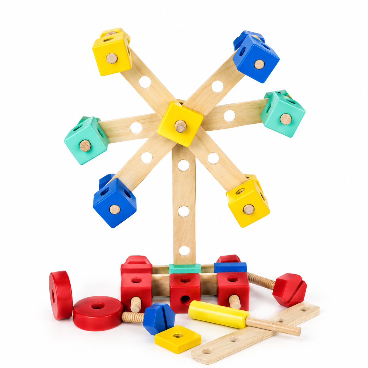 Screw Nut Combination Set: wooden slats and coloured nut blocks built into a windmill, with bolts