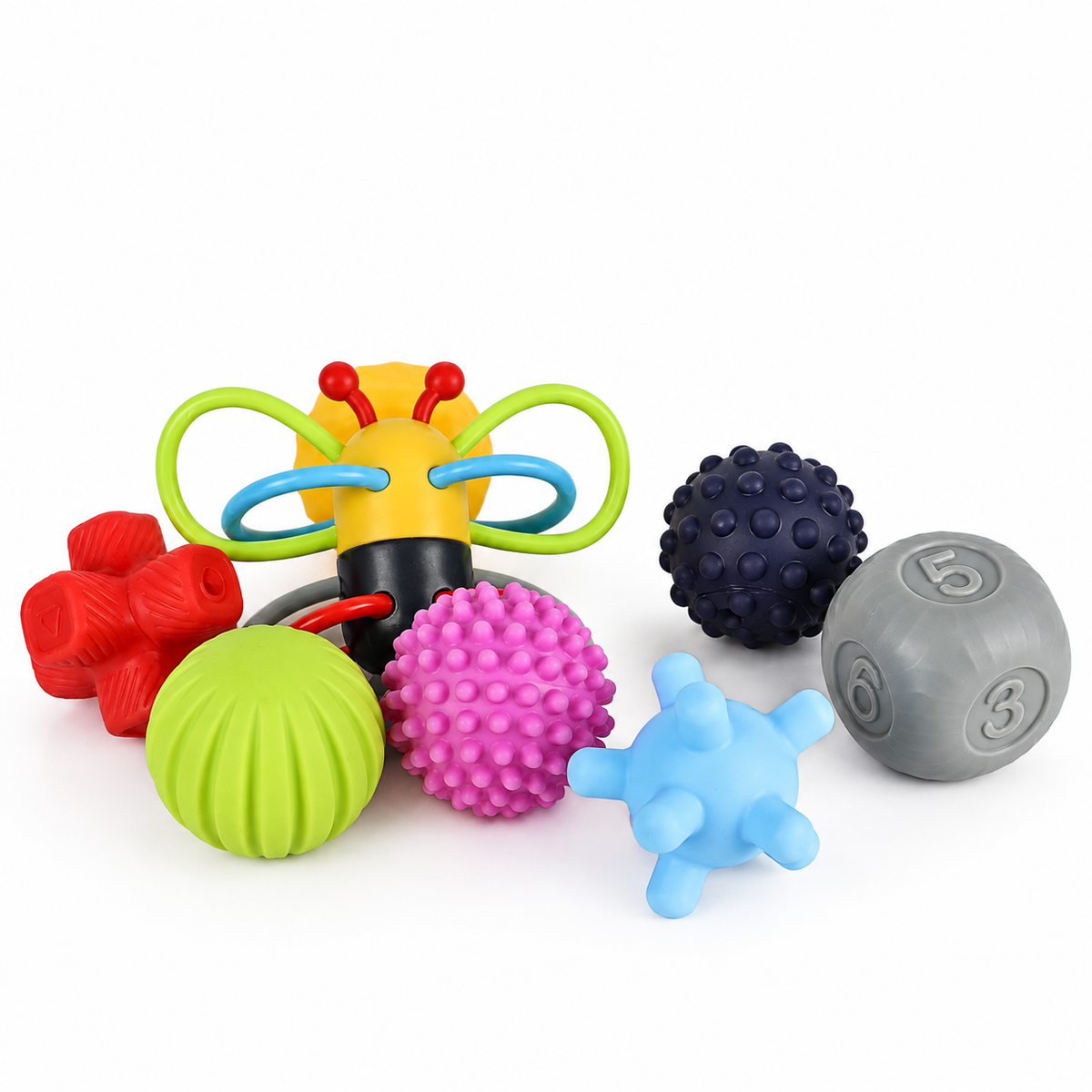Sensory Cognitive Rattle and Teether Set: bee rattle with textured sensory balls and a cube ball