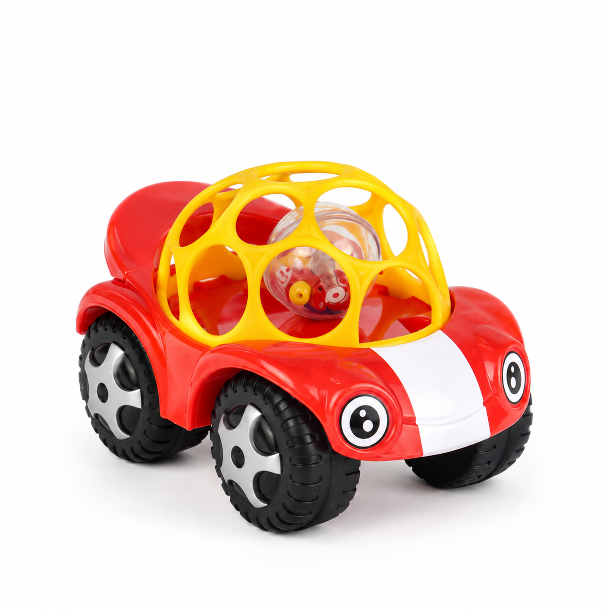 Soft Ball Cartoon Cars: red cartoon car with a yellow soft ball cage and rattle