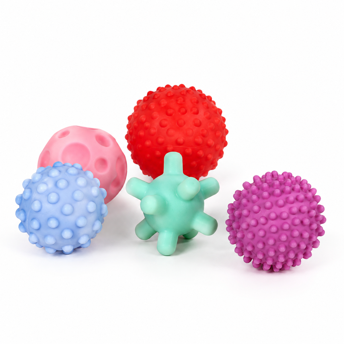 Soft Textured Baby Balls: textured rubber sensory balls in red, pink, blue, mint and purple