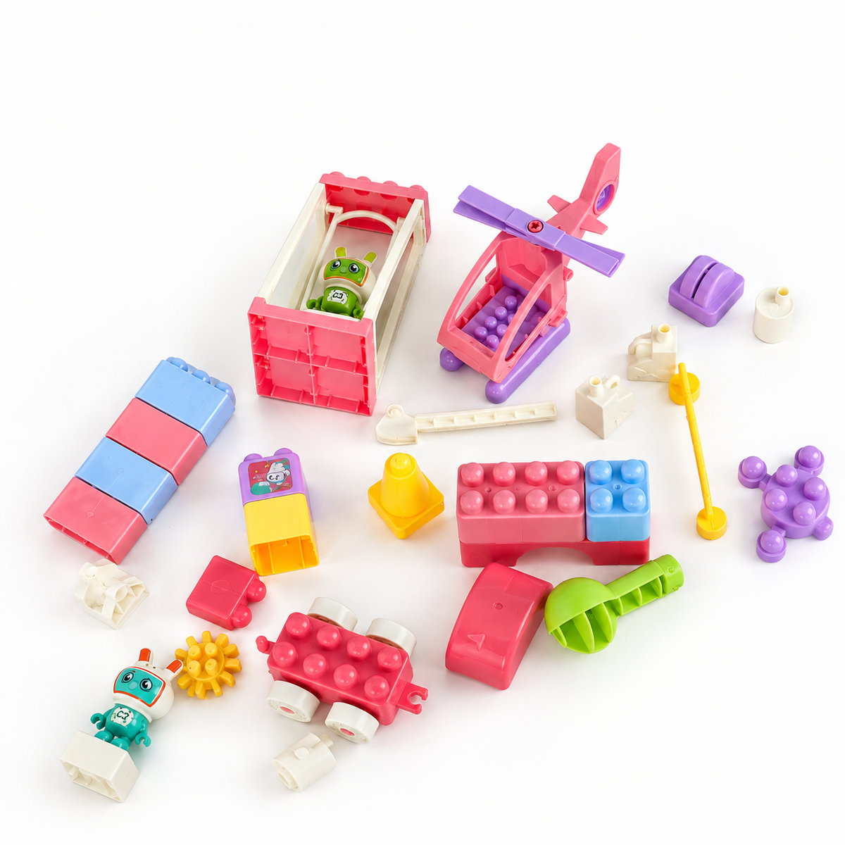 Space Cute Rabbit Building Set: pink and blue building blocks with rabbit astronaut figures and a helicopter