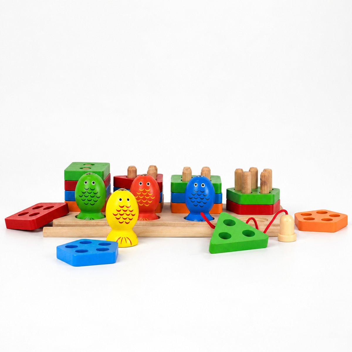 Stacking Pegs Fishing Learning Toy: wooden peg board with stacking shapes, four wooden fish and a magnetic rod