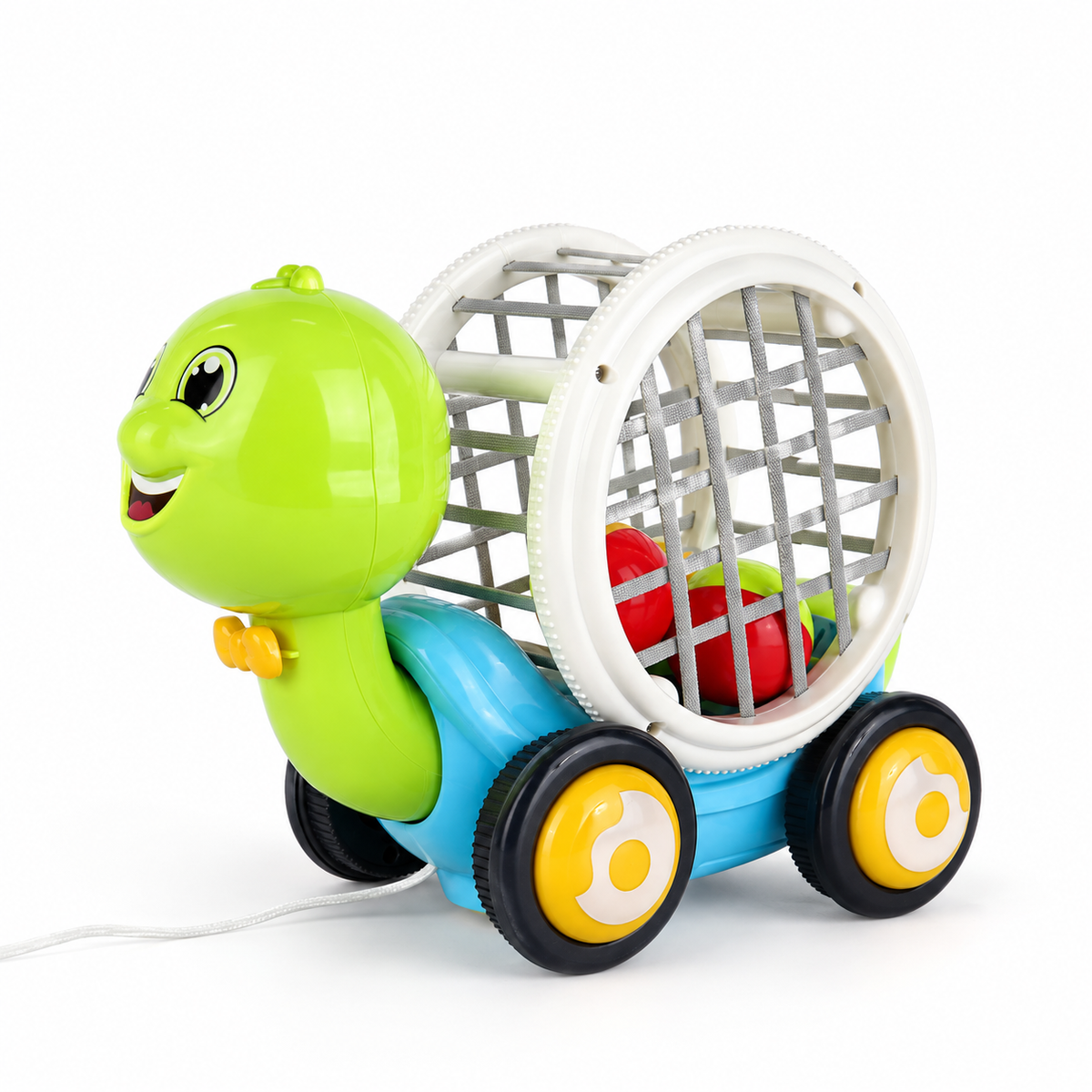 Turtle Pull-Along Ball Toy: green turtle with a mesh ball cage and coloured balls