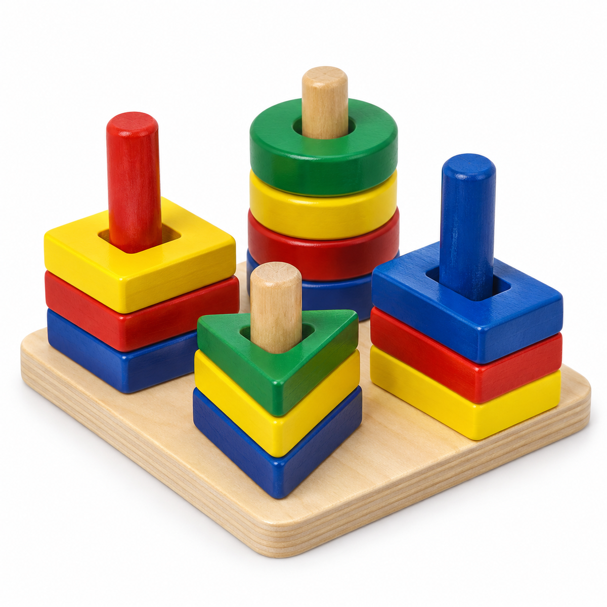 Wooden Shape Stacking Board: wooden base with four posts of stacking shapes in red, yellow, green and blue